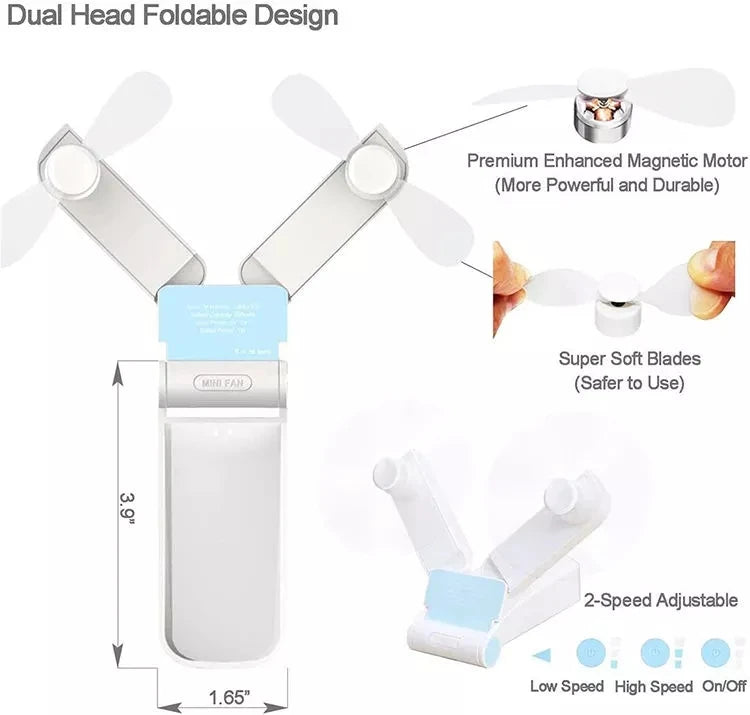 Dual-Head Foldable Mini Fan – USB Rechargeable